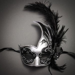 Venetian Half Moon Feather Mask - Silver Black